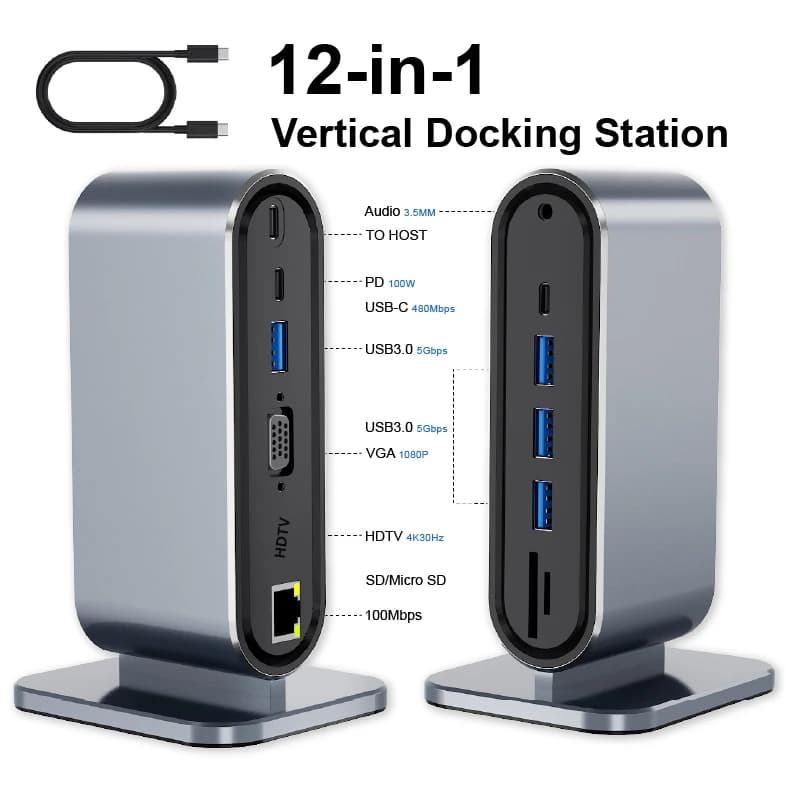 Docking Station Verticale USB-C 12-in-1 con HDTV 4K30Hz, VGA, 100Mbps, 4 USB 3.0 5Gbps, USB-C, PD 100W, Audio, SD/TF per Laptop