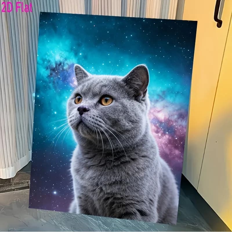 Professional Art Use 2D Flat, 1 Set of Adult DIY Paint by Numbers Kit, "Gray Cat with Starry Sky Background," Includes Acrylic P