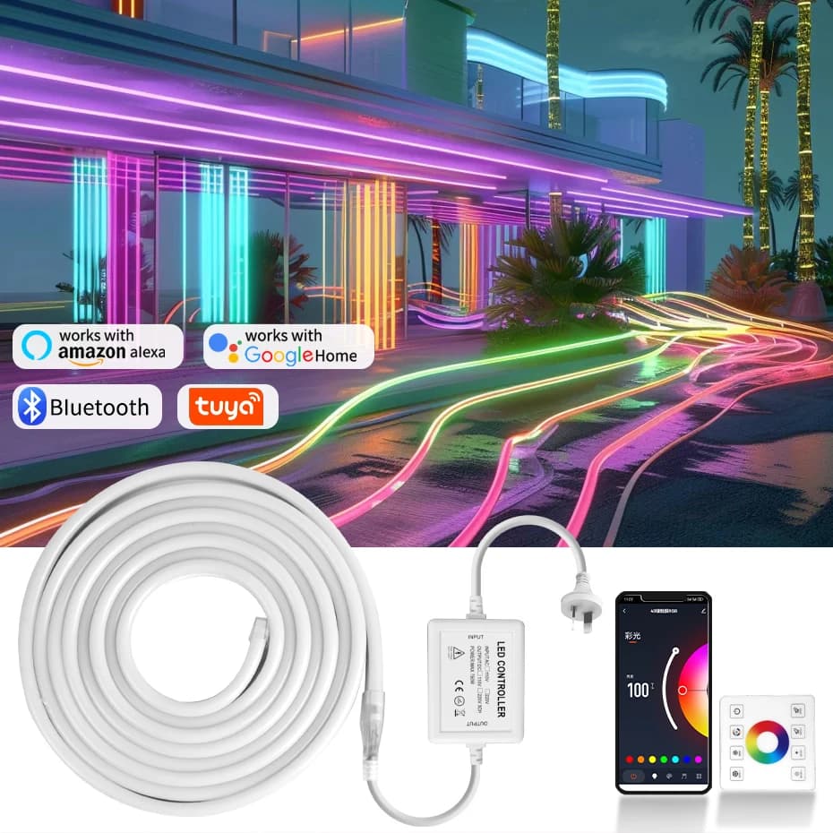 220V Dimmable RGB LED Tape 1M-100M Smart Tuya WiFi RGB Neon Light Strip with RF Panel Plug AU Remote Flexible Tape Waterproof