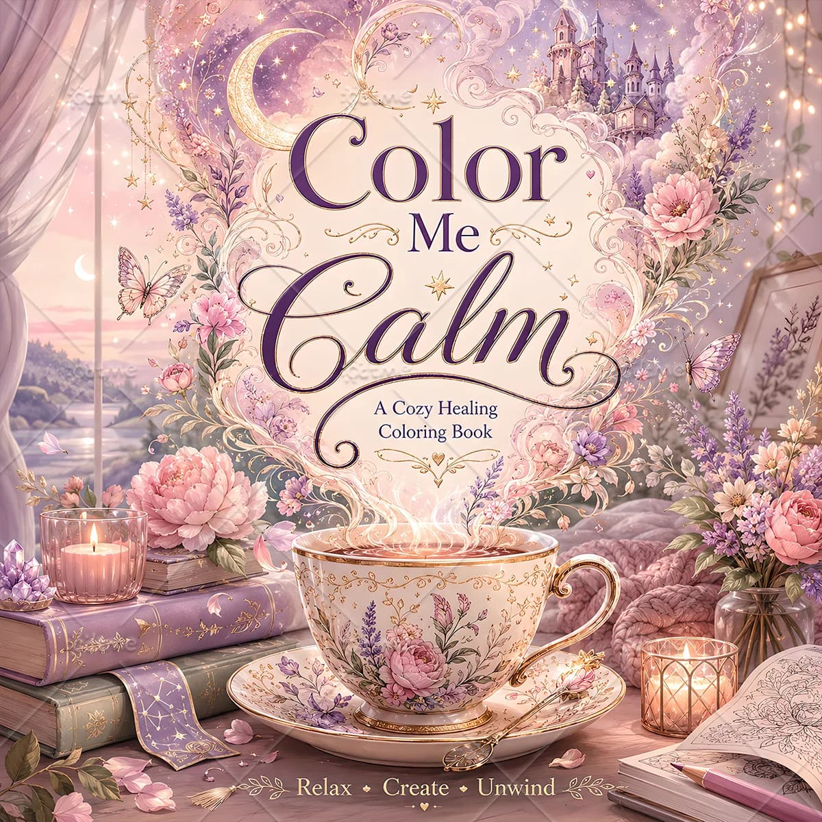 Color Me Calm Enchanted Coloring Book, Magical Floral Moon Castle Pages for Adult Relaxation & Stress Relief Art Drawing Book
