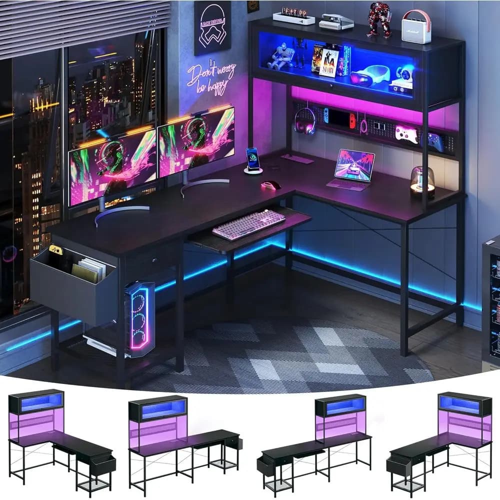 Scrivania da Gaming a L Nera da 49 Pollici con Prese di Corrente, Luci LED, Scaffale, Pannello Forato, Vetrina e Soluzioni di Archiviazione