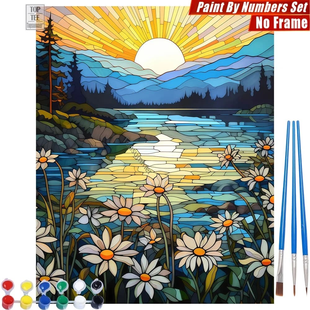 Stained Glass Sunlight DIY Digital Oil Paints Kit - Stained Glass Sun Daisies Abstract Wall Art Thanksgiving Day Gift For Friend