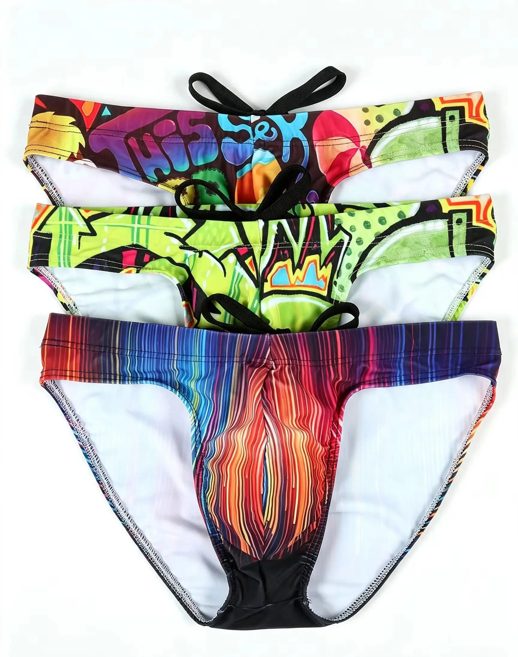 Low Rise Abstract Swim Briefs 2Pcs Random Rainbow Graffiti Drawstring Quick Dry Stretch U Pouch Beach Pool Male Swimming Trunks