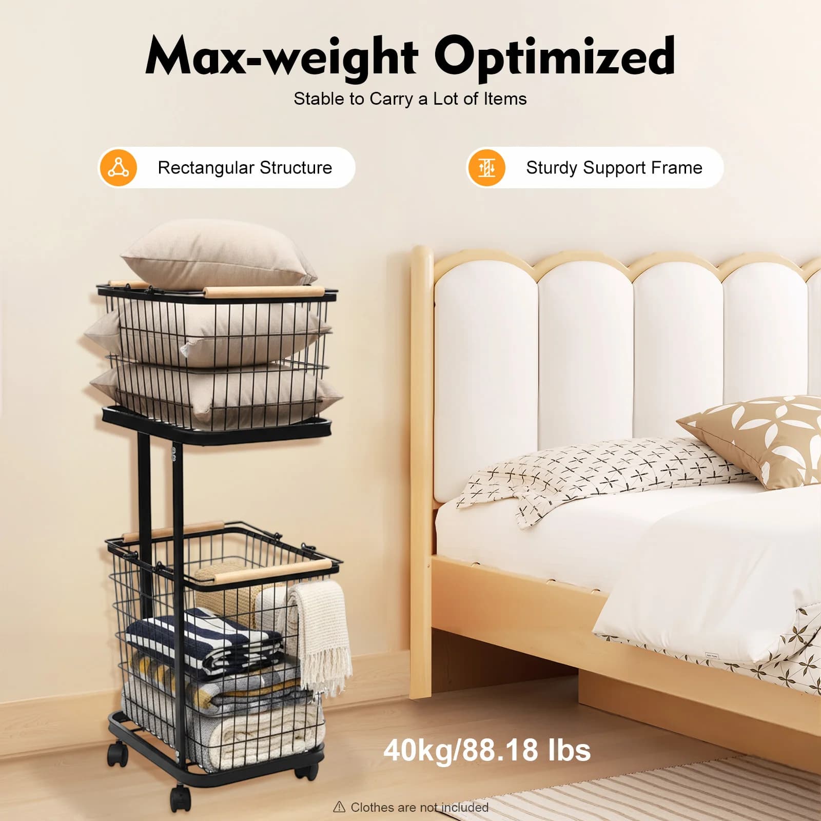 Basket with 2 Removable Baskets, Organizer for 2 Levels in Black Metal, Stackable Clothes Separator
