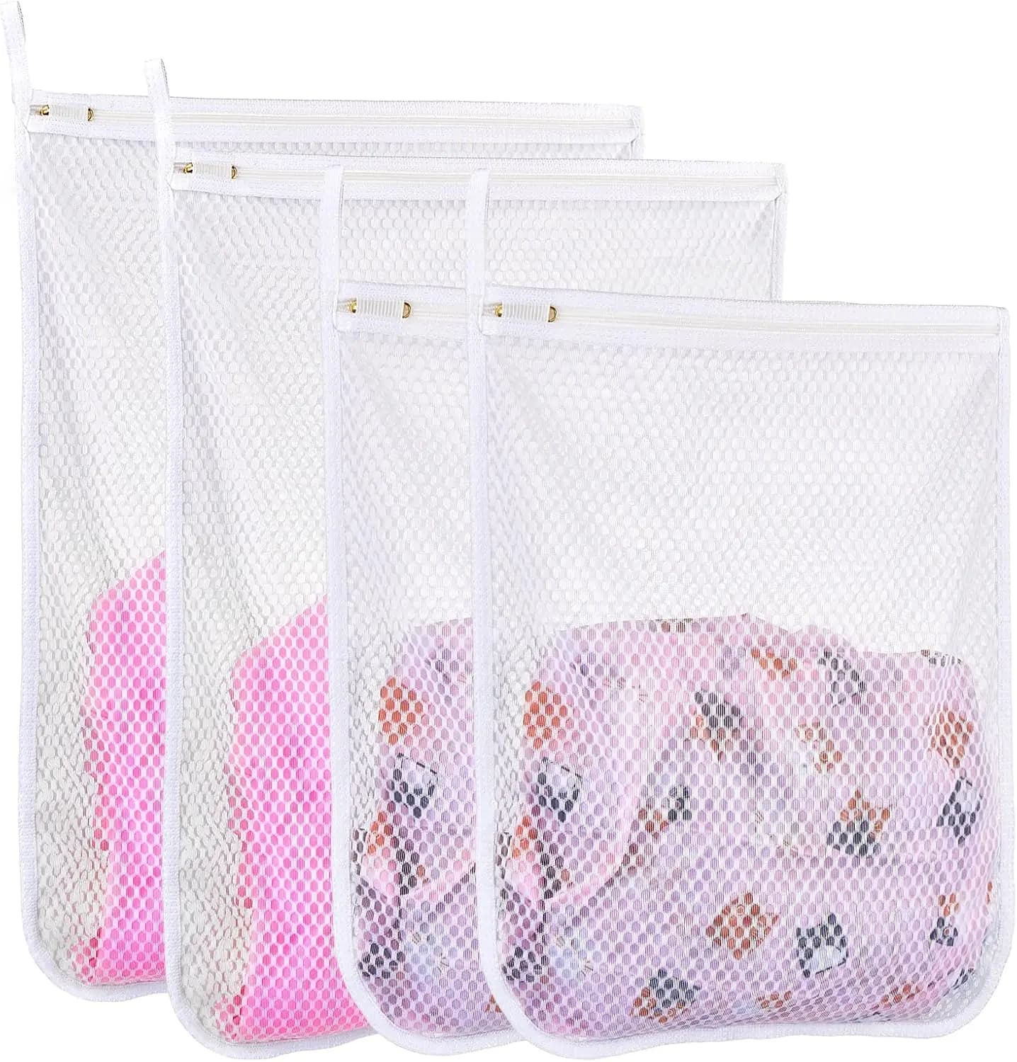 Set di 4 Sacchetti a Nido d'Ape per Bucato - 2 Grandi 16"x19", 2 Medi 12"x15" per Capi Delicati