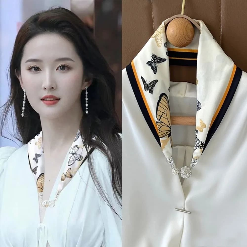 Pearl Diamond Silk Scarf Korean Retro Necklace Magnetic Buckle Scarf Small Strip Clavicle Women's Scarf Chain Effortless Styling