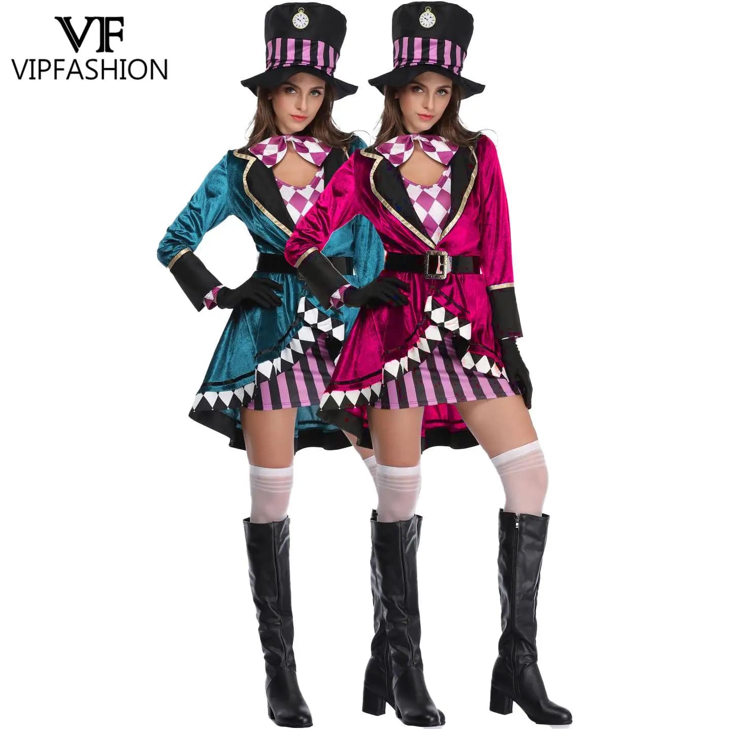 VIP FASHION Alice Strega Costume di Halloween Mago del circo Vestito da spettacolo Abiti da festa fantasia con cappello Abito medievale
