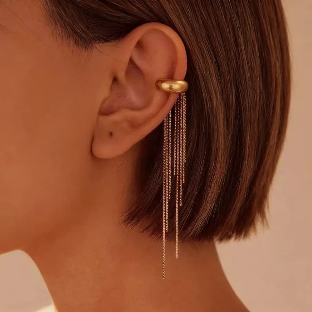 Luxury Long Chain Tassel Ear Cuff Stainless Steel Gold Color Ear Clip Single No Piercing Ear Wrap Charms Jewelry