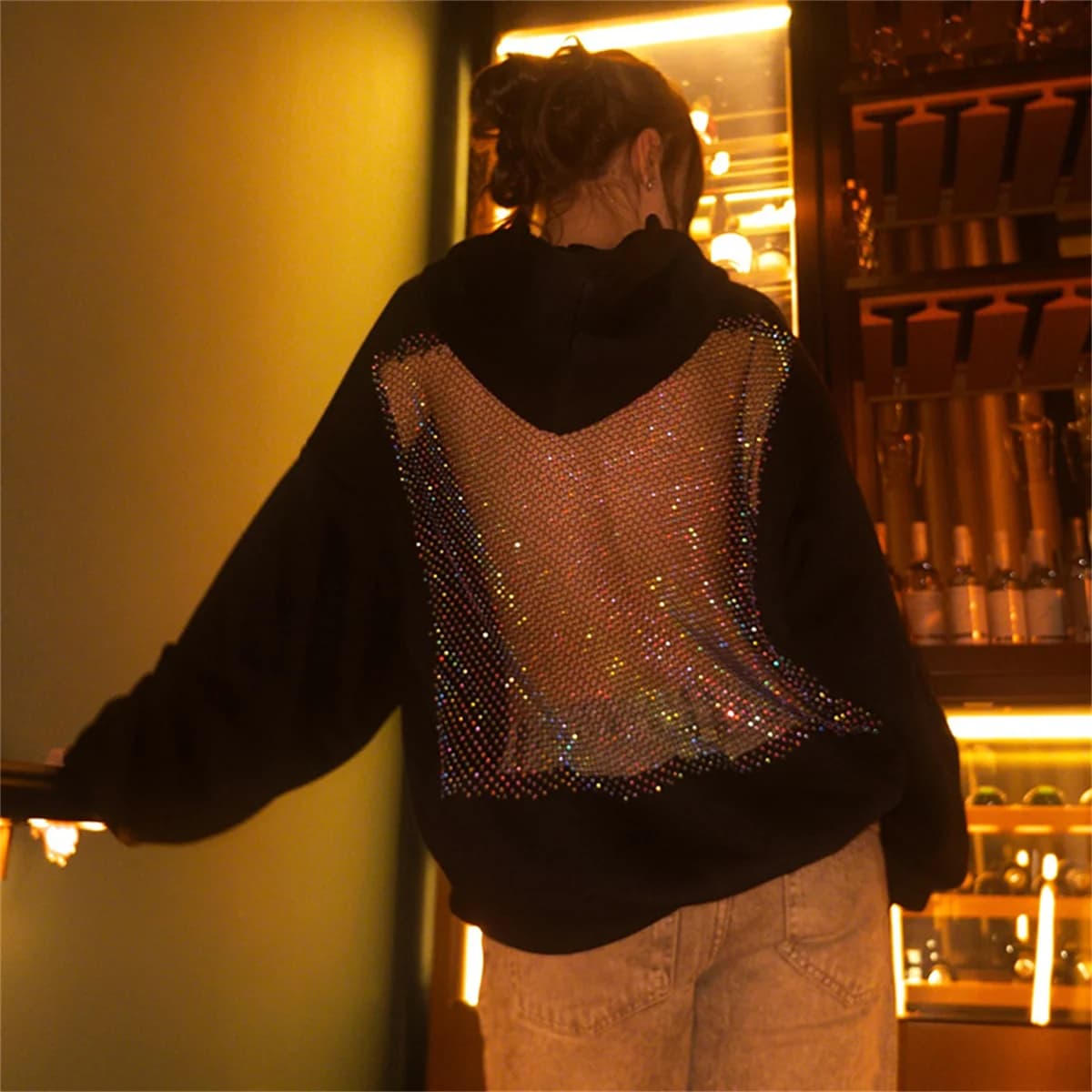 Felpa pullover traslucida alla moda da donna Felpa con cappuccio a rete cava sexy gotica americana Y2K Abbigliamento Giacca casual a maniche lunghe