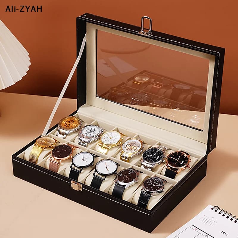 【A1】Scatola portaorologi con serratura, cuscini rimovibili, custodia in pelle sintetica per uomo, regali da viaggio