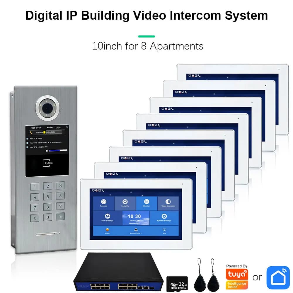 Tuya Smart Digital IP Building Video intercom for 8 apartments Monitor 7-10 inch touch with IC card digital keyboard unlocking