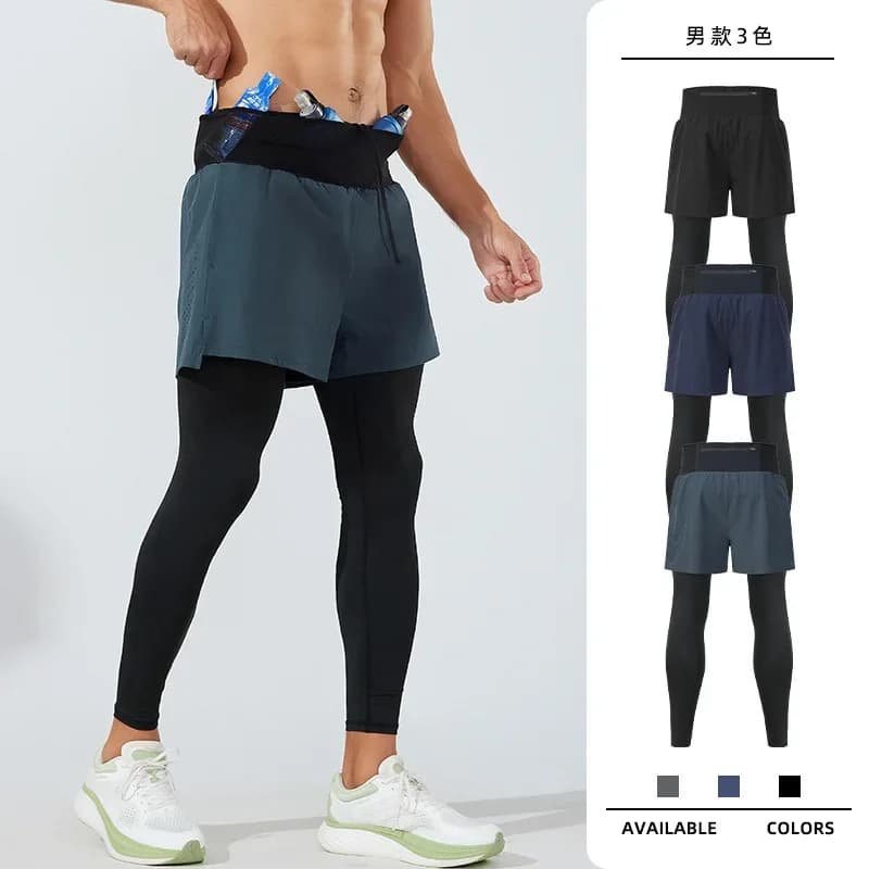 Men's 2 in 1 pants for marathon, running, training, compression, rapid drying pant, sports leggings, fitness, man, with pouch pocket