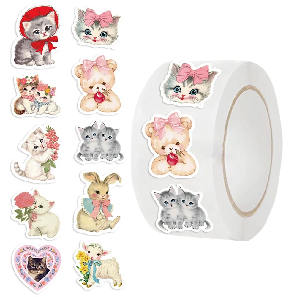 500 pieces of cute animal stickers roll aesthetic croquette cartoon decoration decals DIY scrapbooking laptop phone stickers Kawaii