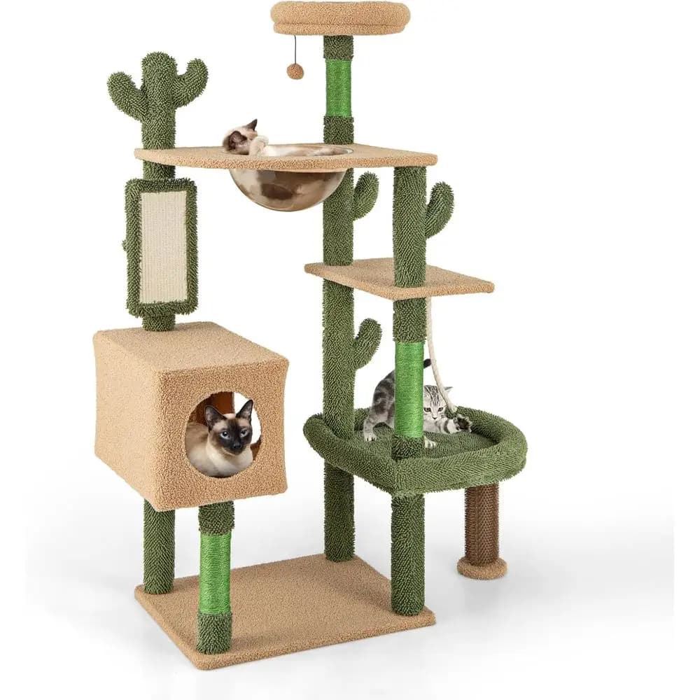 Albero per gatti ecologico alto 59 pollici con pali in sisal, casetta, posatoio, cuccia, toletta, corda e palla per gatti da interno