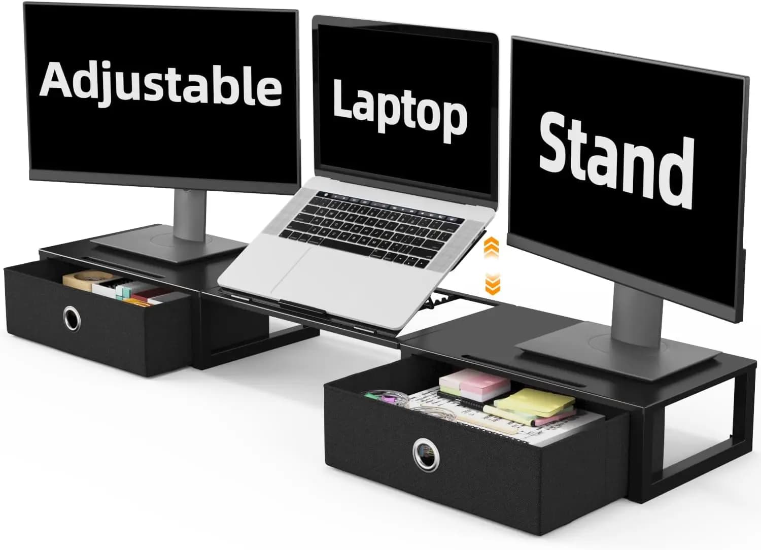 Adjustable support for Two Monitors with Two Computer and Laptop Drawers, Desk Organizer with Steel Structure