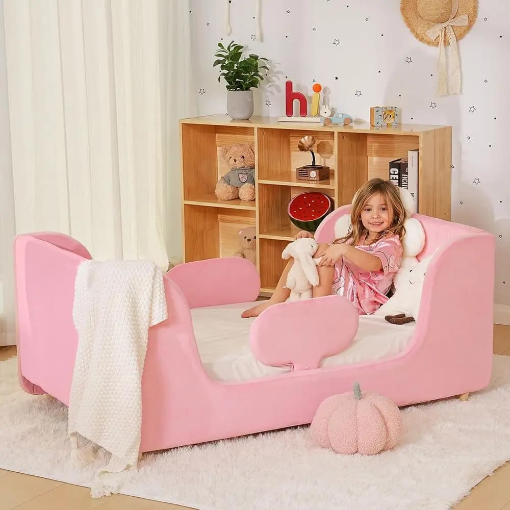 Letto imbottito per bambini con doghe in legno, sponde di sicurezza rimovibili, adatto per bambini e bambine, rosa