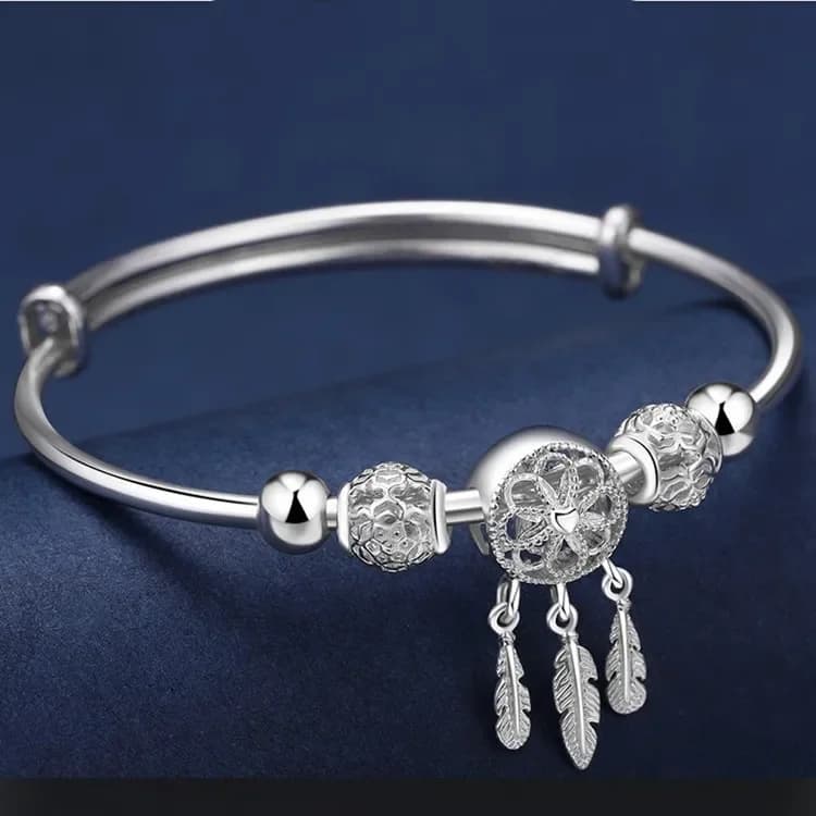 Nice 925 Sterling Silver Dreamcatcher Tassel Feather Lucky Bead Bracelet Bangle for Women Fashion Original Jewelry Couple Gifts