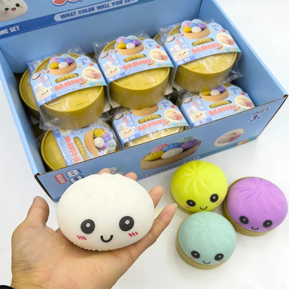 Squishies colorati a forma di raviolo, Palline antistress, Giocattoli sensoriali fidget, Squishies a simulazione di cibo con vaporiera, Palline di pasta da spremere, Regali