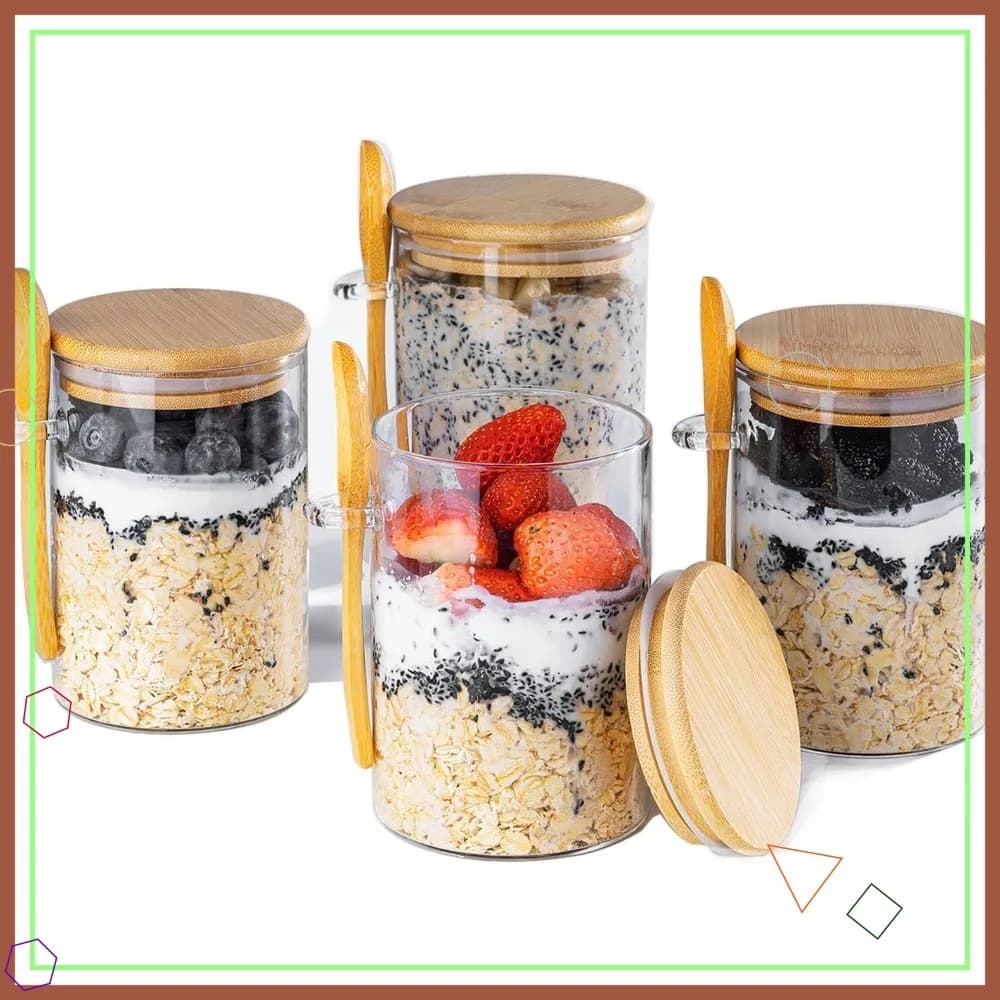 Contenitori per Overnight Oats da 16oz con Coperchi, Set da 4 Barattoli in Vetro per Preparazione Pasti, per Budini, Yogurt, Insalate