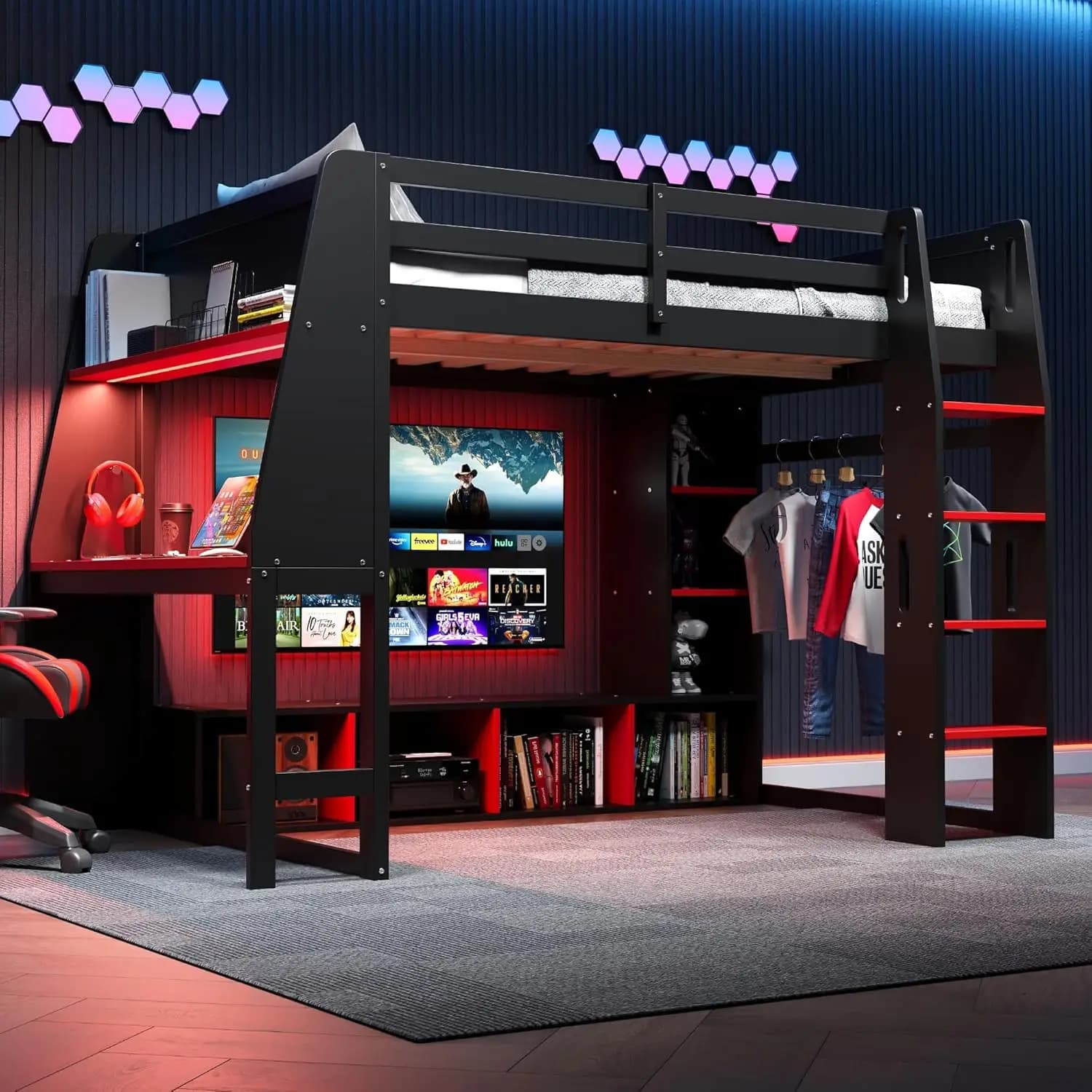 Letto a soppalco matrimoniale per gaming con scrivania, scaffali multiuso, LED e appendiabiti salvaspazio, struttura in legno