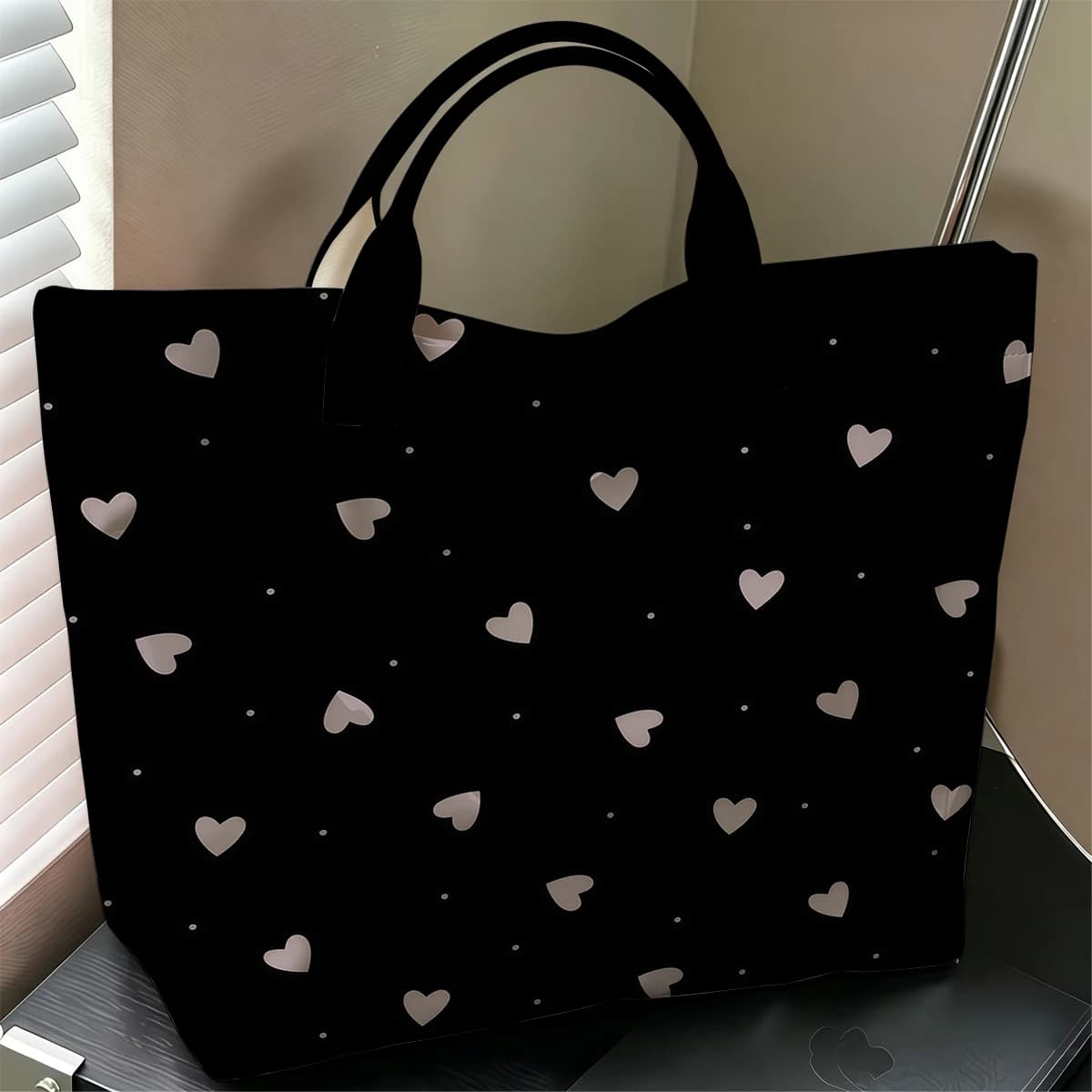 Dusty Pink Hearts Stylish Large Glossy PVC Tote Bag Washable Waterproof Durable Ideal for Travel Commute Cosmetics Books Handbag