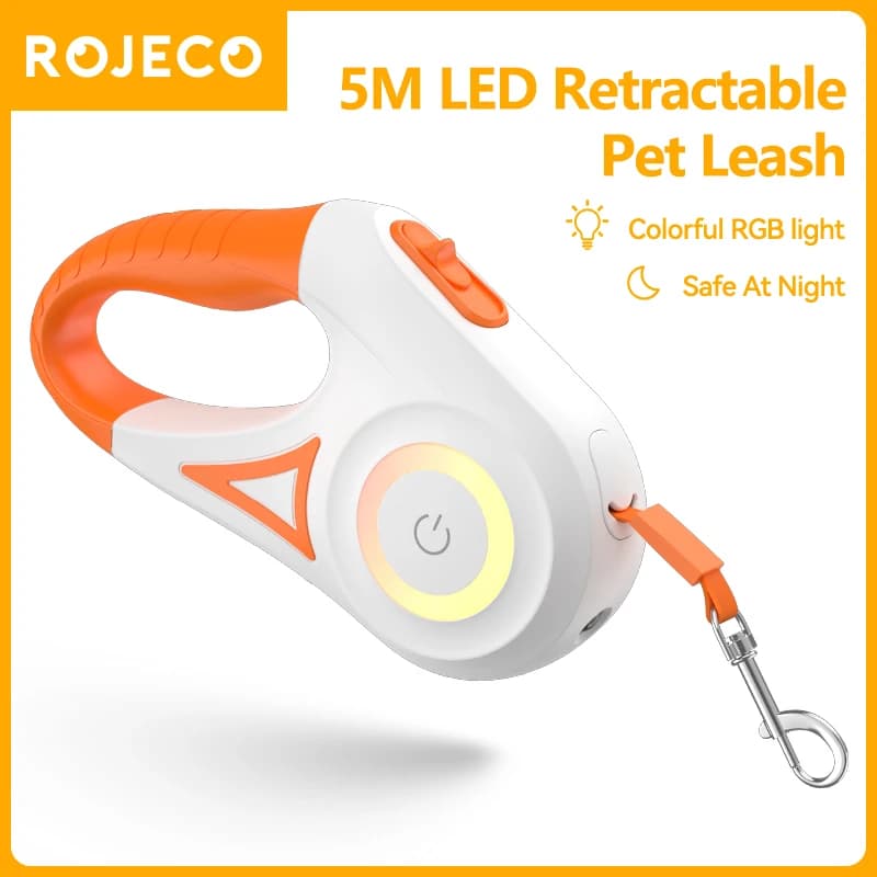 ROJECO 5M Dog Auto Grip LED Retractable Luminous Leading Bright Fashion Straps for Dog Puppies Pet Flexi Walking Running Lead