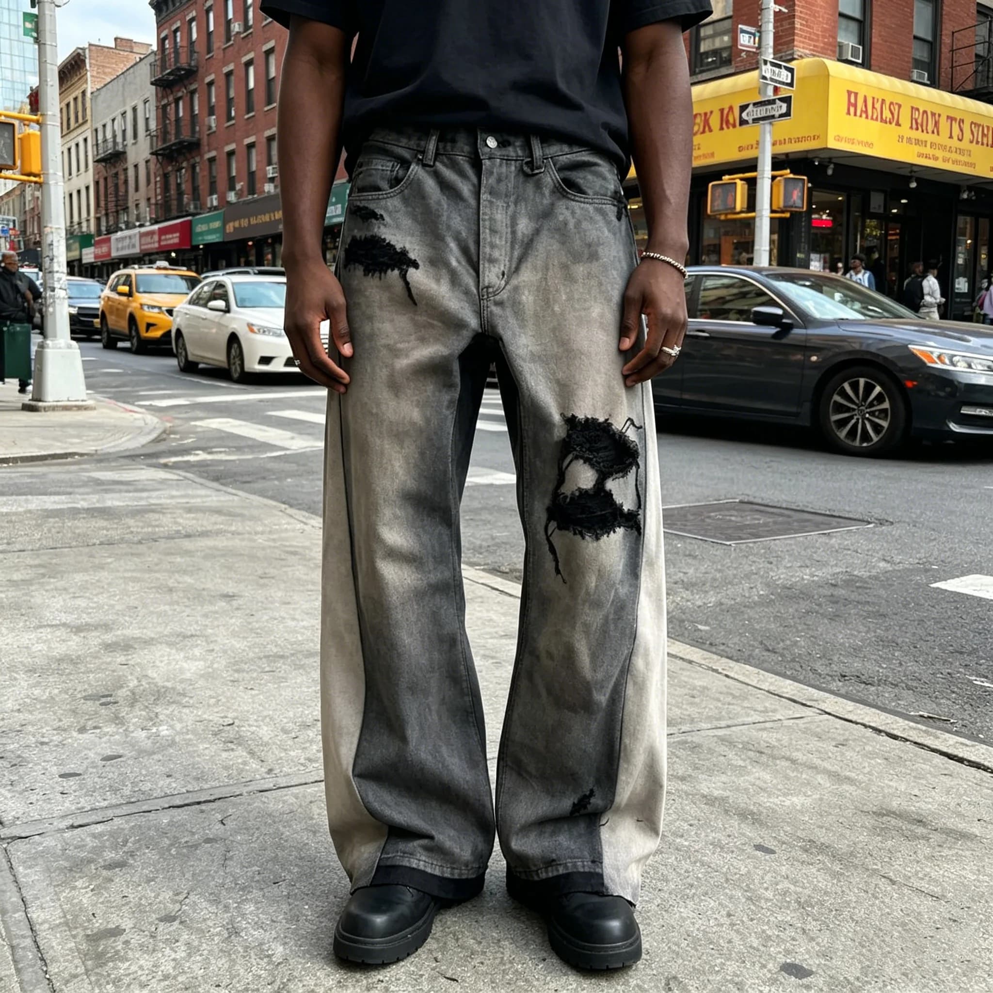 Jeans Baggy Distressed Flared Ishiyama x Zai Y2K in Micro Denim, Stile Hip Hop Americano, Abbigliamento Streetwear Harajuku, Pantaloni Larghi a Gamba Larga