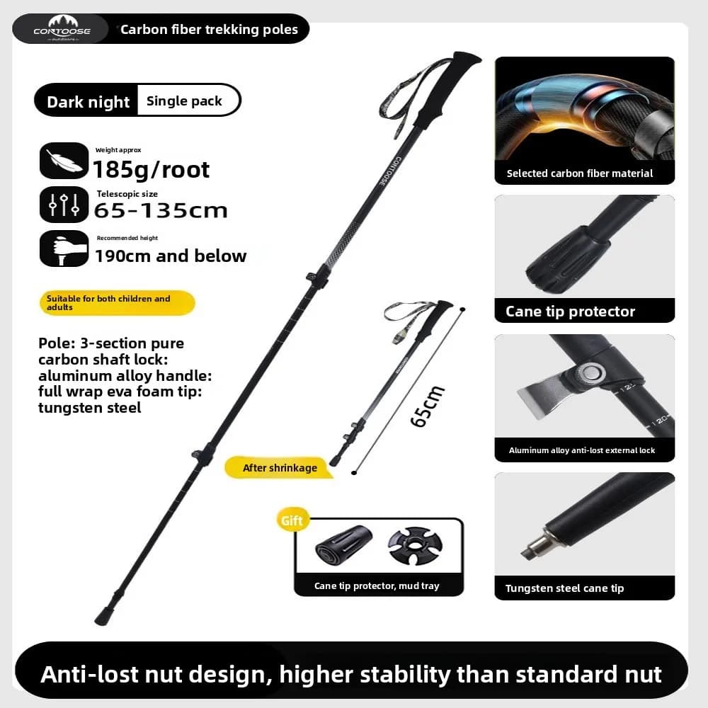Carbon Fiber Trekking Pole Single Pole 185g Lightweight Adjustable Telescopic Hiking Stick 65-135cm Walking Stick for Camping