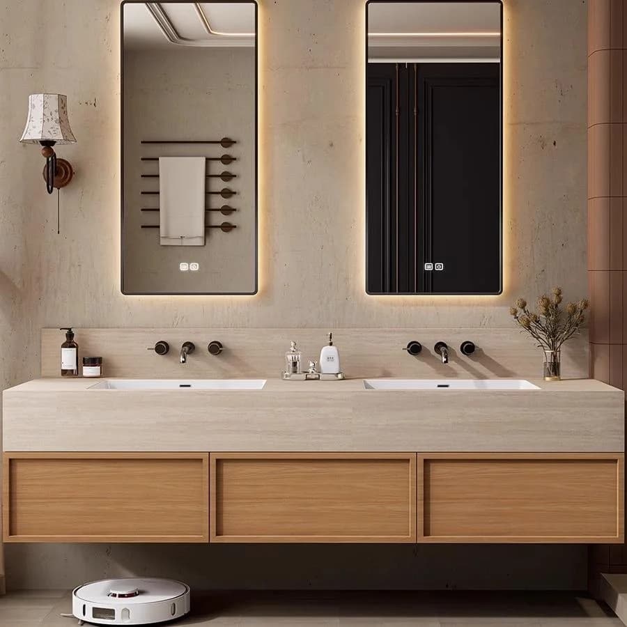 Mobile Bagno in Legno Massello con Lavabo Integrato in Pietra e Specchio Smart Incluso, Ideale per Ospedali e Officine