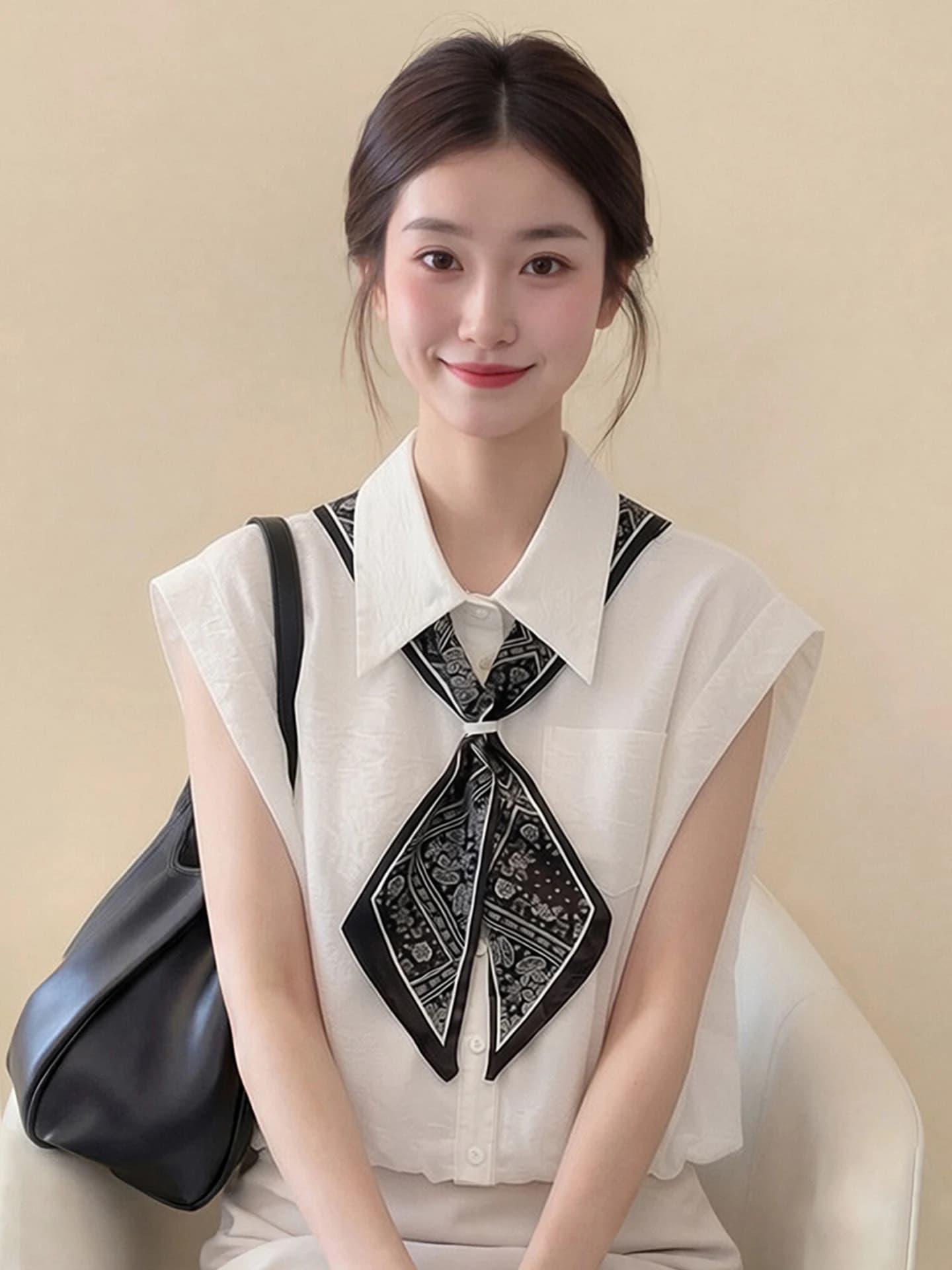 Summer Design Sense White Sleeveless Shirt Women's Commute OL Professional Top Silk Scarf Collar Fashionable Commute Style