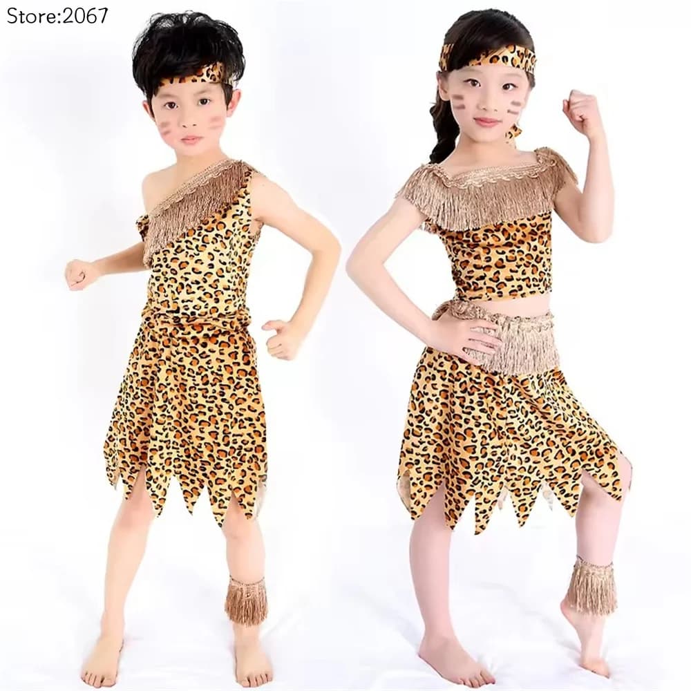 Costumi da uomo delle caverne selvagge per bambini Ragazzo e ragazza Leopardo Abiti da cacciatore tribale africano Set di spettacoli di danza moderna nativa americana