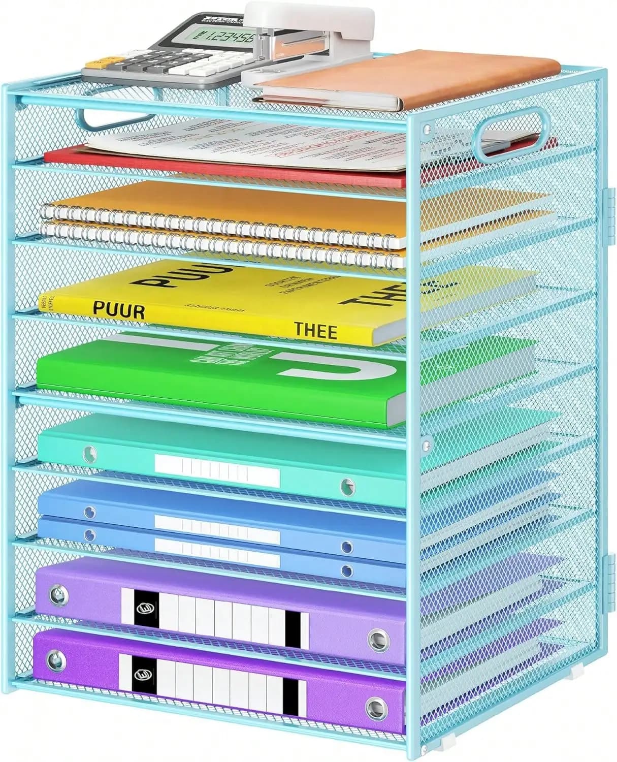 Organizzatore di documenti a 9 livelli con maniglia, nero, grande capacità, organizer da scrivania in rete, portadocumenti, vassoio per lettere, organizer per documenti da scrivania per l'organizzazione di accessori per aula, scuola e ufficio