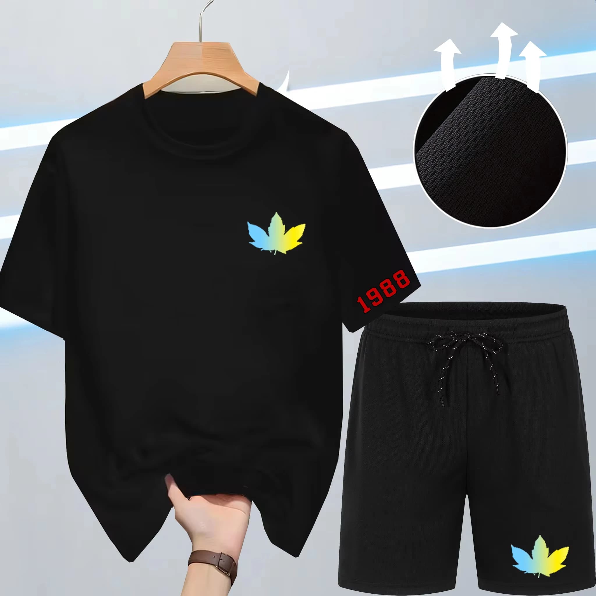 Summer Quick-Dry New Men's 2-Piece Fashion tracksuits Casual Breathable Short Sleeve maple leaf Print Sports T-shirt+Shorts Sets