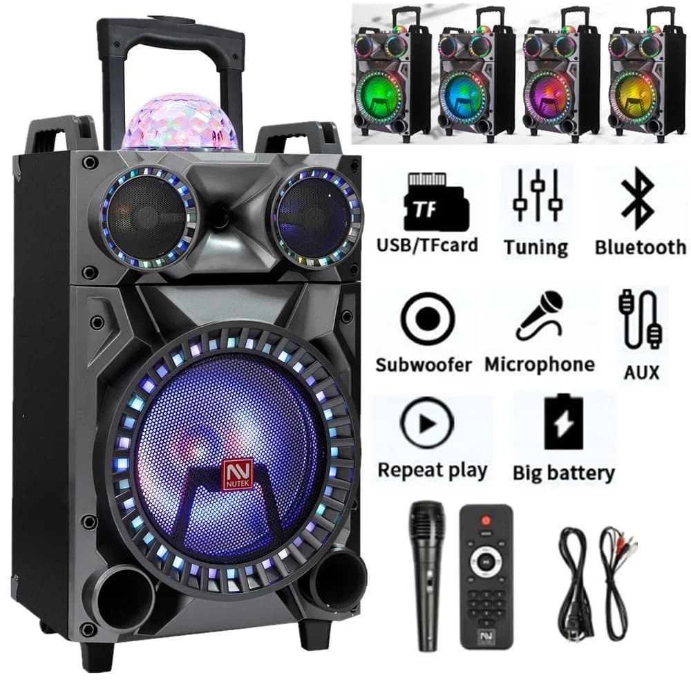 Altoparlante Bluetooth portatile da 12 pollici Subwoofer forte per bassi pesanti FM DJ LED AUX USB TF con microfono e telecomando