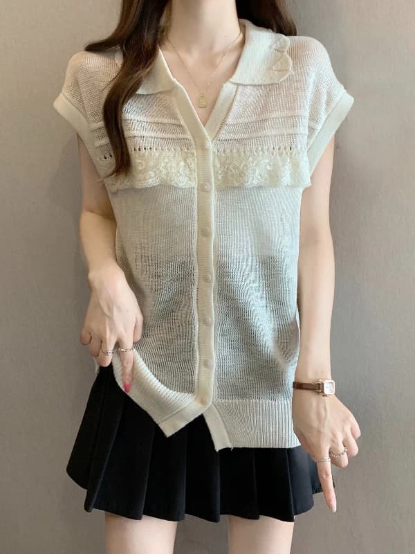 Chic Lace Trim Neck Short Sleeve T-Shirt Women's Summer New Thin Knitted Top Korean Style Casual Comfortable Loose Fit