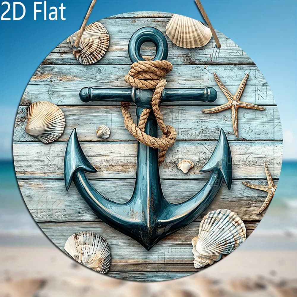 2D Flat, 2D Flat Summer Ocean Theme Wooden Hanging Pendant - Artificial Wood Boat Anchor & Seashell Design, No Battery Needed fo