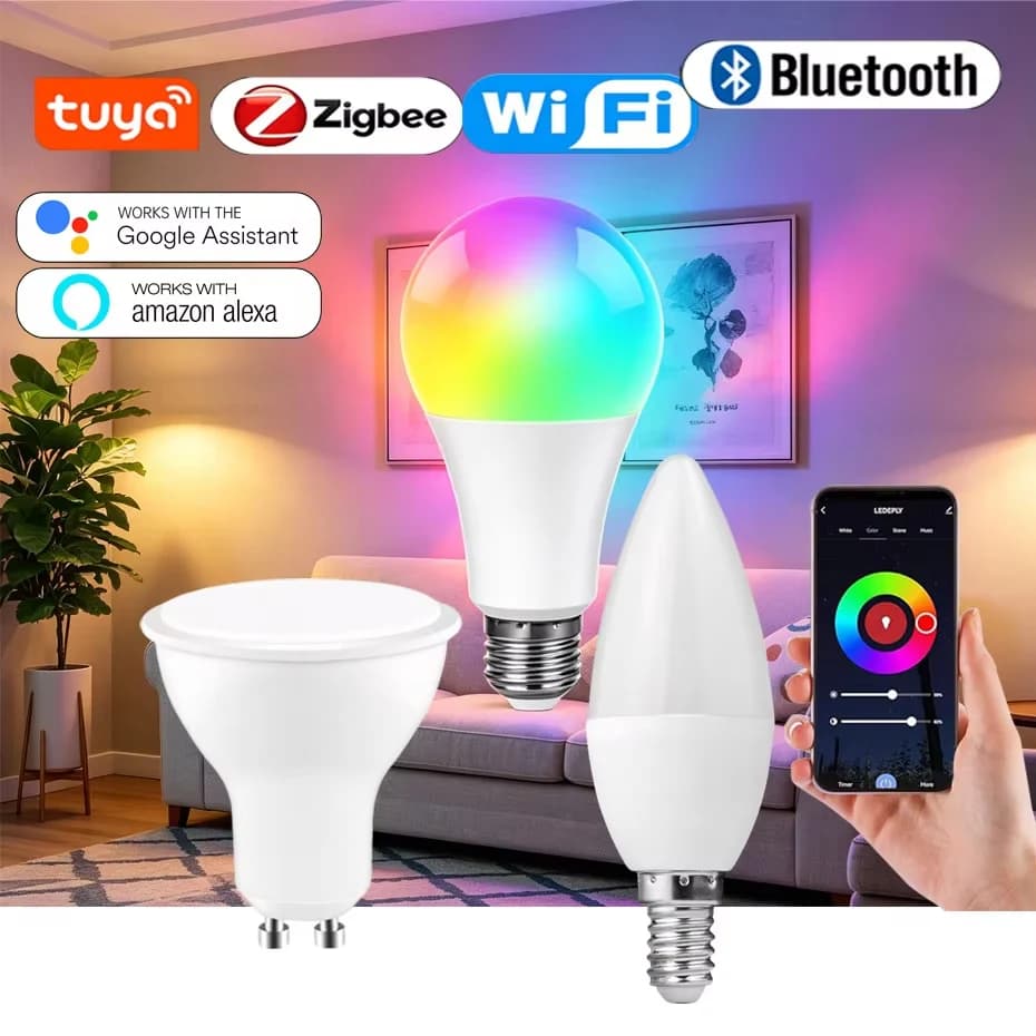 2700-6500K RGB Bulb Light Work with Alexa Google Home Tuya WiFi/Zigbee/Bluetooth RGB Dimmable E27 GU10 E14 LED Candle Bulb