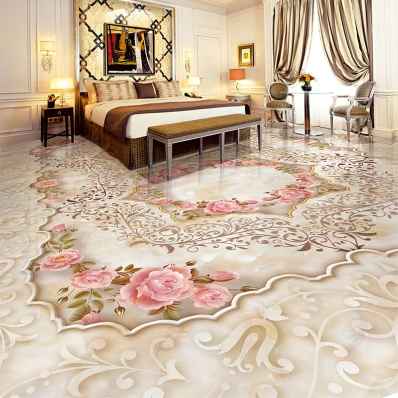 Custom 3D Floor Tiles Wallpaper Marble Pink Flowers Photo Mural Living Room Bedroom Malls PVC Waterproof Murals Sticker 3 D