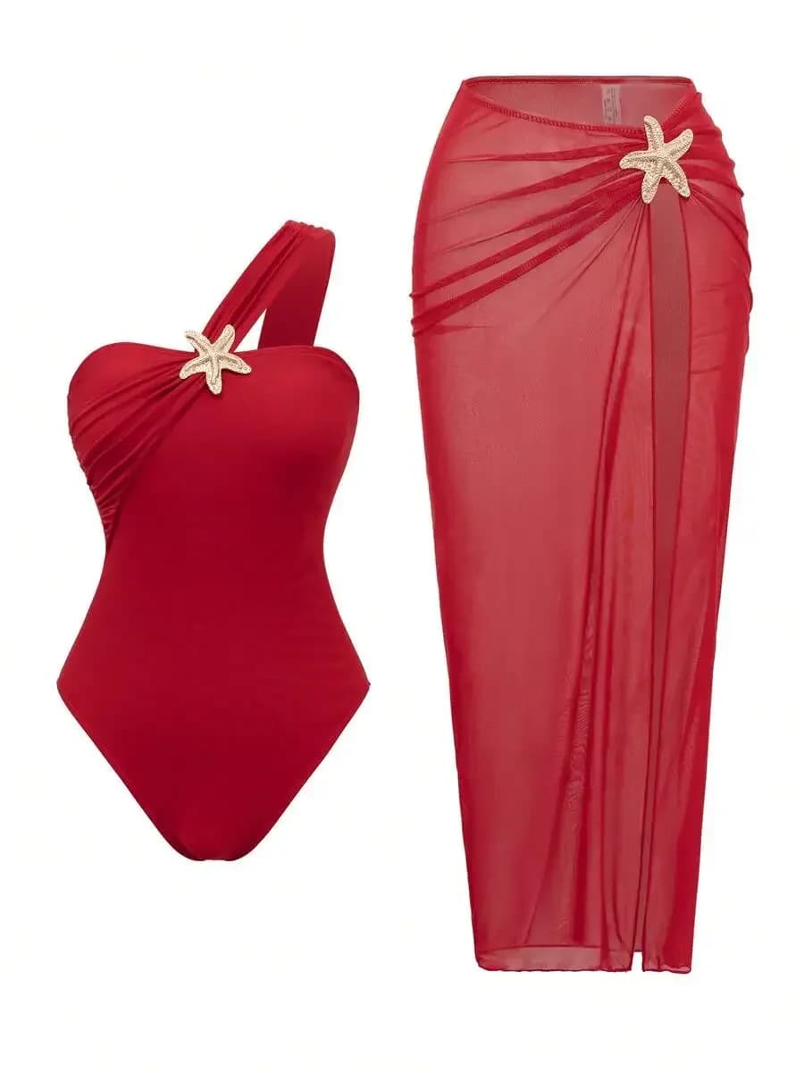 Costume intero rosso con decorazione a stella e gonna trasparente per le vacanze al mare