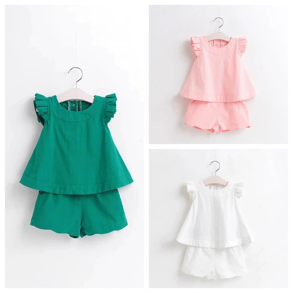 1-5Y Baby Girls 2‑Pcs Outfit Set Ruffle Sleeveless Tops+Shorts Summer Korean Style Solid Color Casual Kids Clothes Drop Shipping