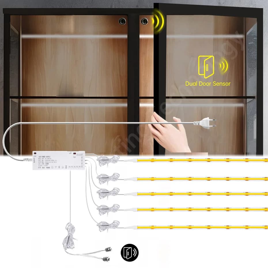 Kit di strisce luminose a LED COB con sensore a doppia porta 24V per illuminazione sotto l'armadio, guardaroba, vetrina, libreria, spina AU EU US UK Scegli