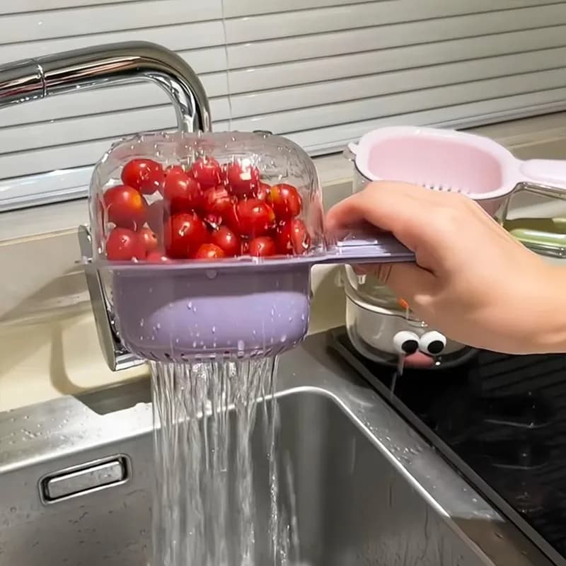 Cestino per Frutta a Doppio Strato in Plastica Alimentare con Gancio, per Pulizia e Conservazione, Ideale per Cucina