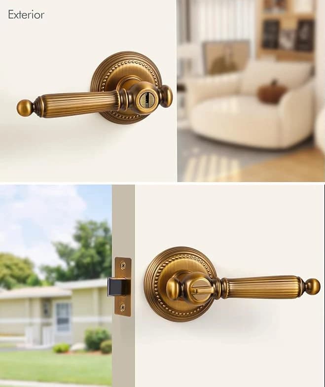 Yellow Antique Bronze Key, Entrance Door Handle with Lock, Outer Door Lock and Key, Bedroom Retro Door Handle, Zinc Alloy