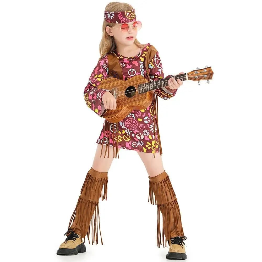 Bambini Ragazze Retro anni '70 Hippie Disco Cantante Ballerino Tribe primitiva Abito floreale Gilet Set Costumi Cosplay di Halloween Outfit