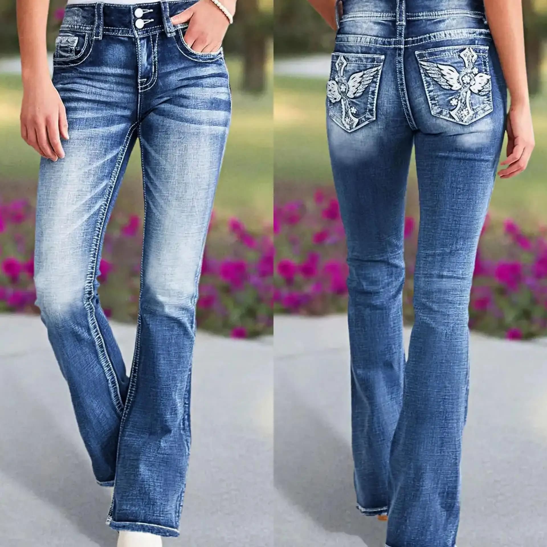 Fashionable Elastic Slimming Embroidered Flared Jeans High Waist Cotton Women's Premium Quality High Elasticity Versatile Denim