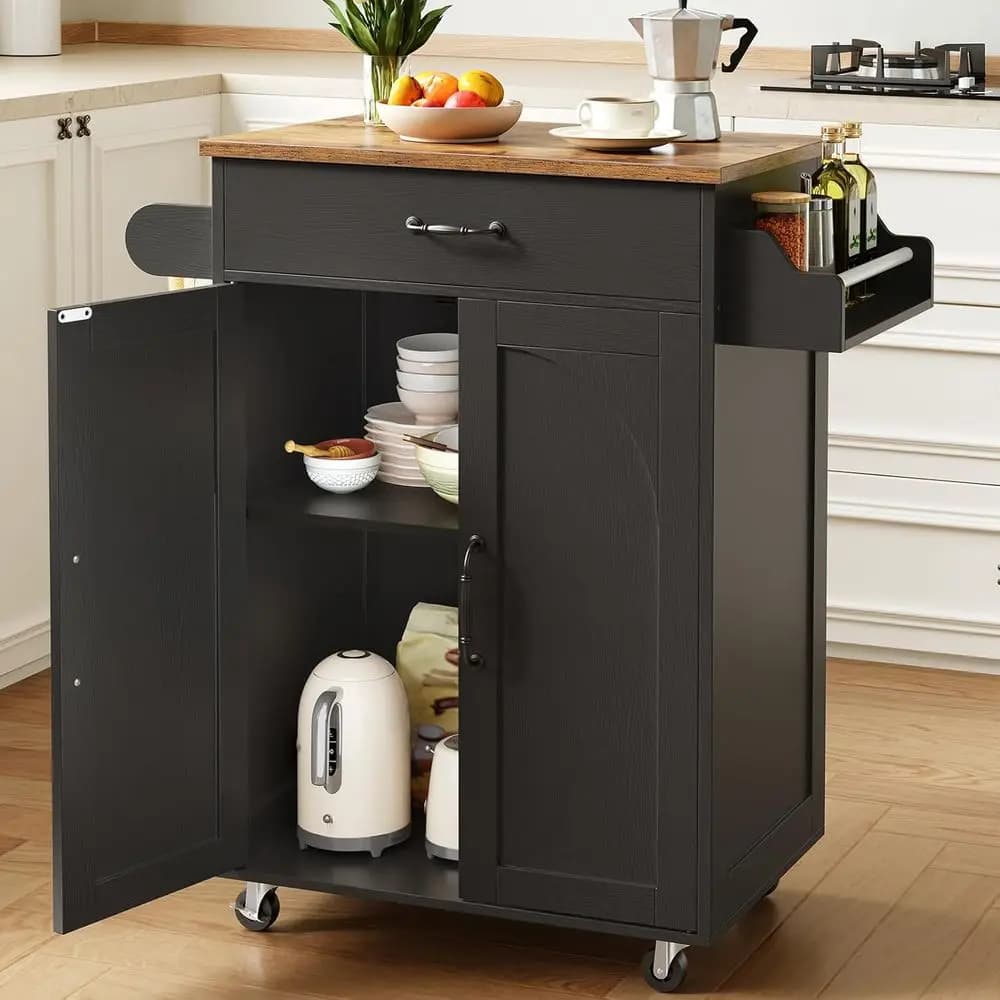 Rustic Rolling Kitchen Island Cart with Storage, Spice Rack, and Towel Bar - Black & Brown