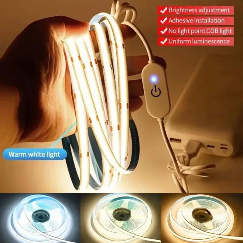 Strisce LED COB 5V con Dimmer Touch Intelligente USB Flessibili per Illuminazione DIY di Stanze, TV, PC, Retroilluminazione e Decorazione Murale