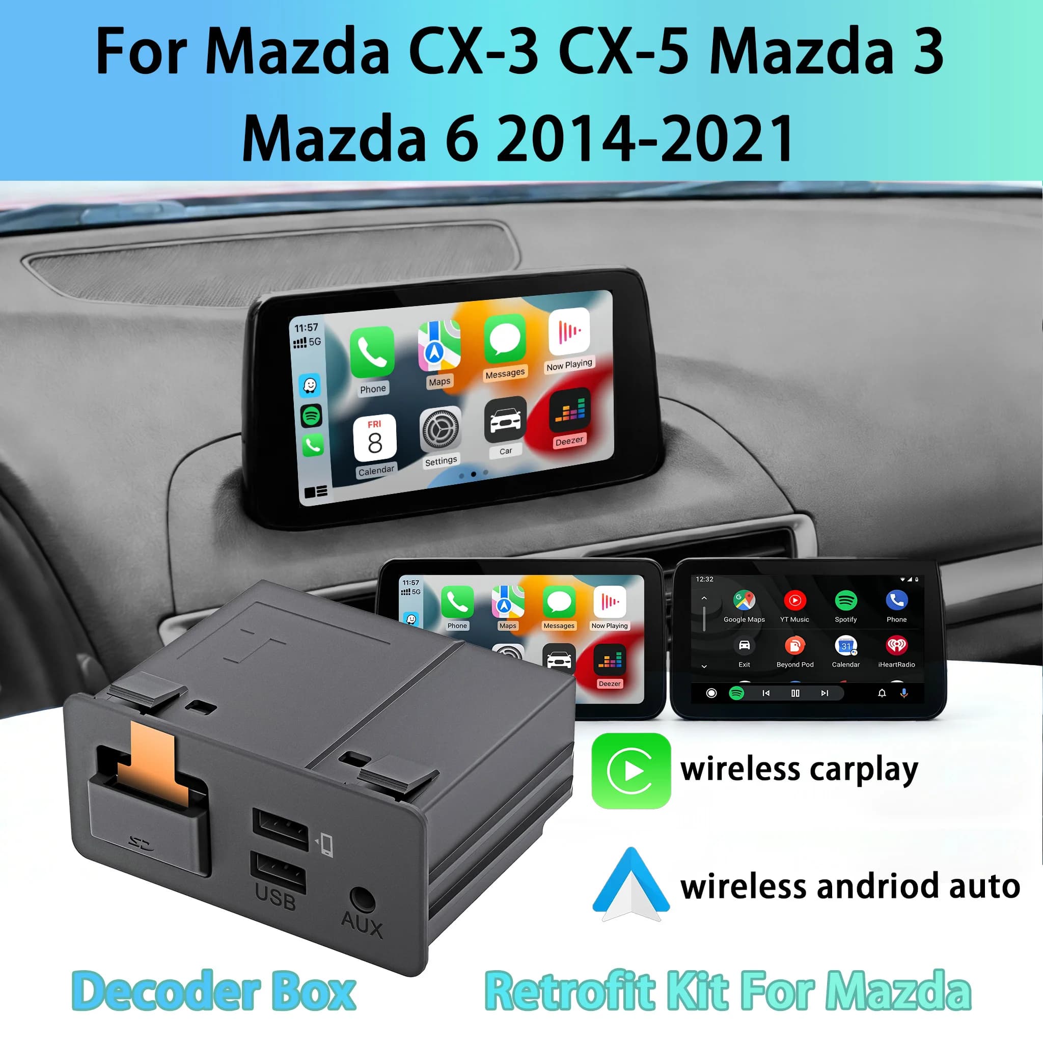 Android 11 system with Android Auto and Carplay Wireless, Quick Charging Type-C for Mazda2 3 6 CX30 CX5 CX8 CX9, Bluetooth WiFi