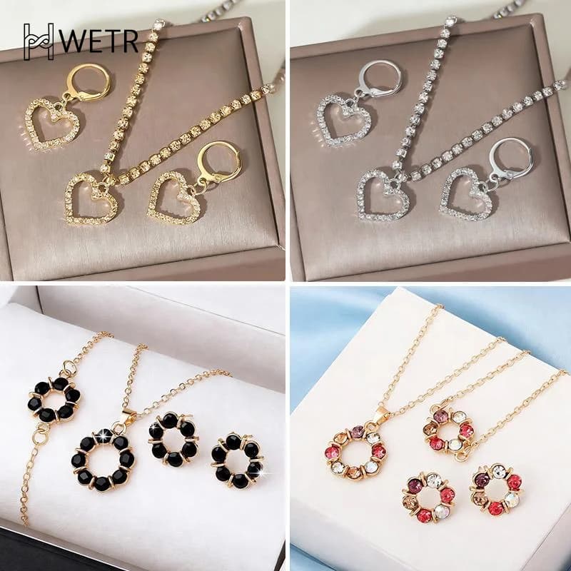 Necklace Earrings Set Rhinestone Crystal Design Women Pendant Chain Fashion Style Jewelry Set Anniversary Gift