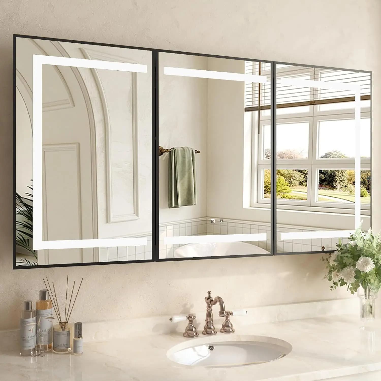 Specchio LED per Armadietto Medicinali 48x32, da Incasso o a Superficie, con Cerniera Soft-Close e Ripiano Regolabile, per Bagno, Personalizzabile